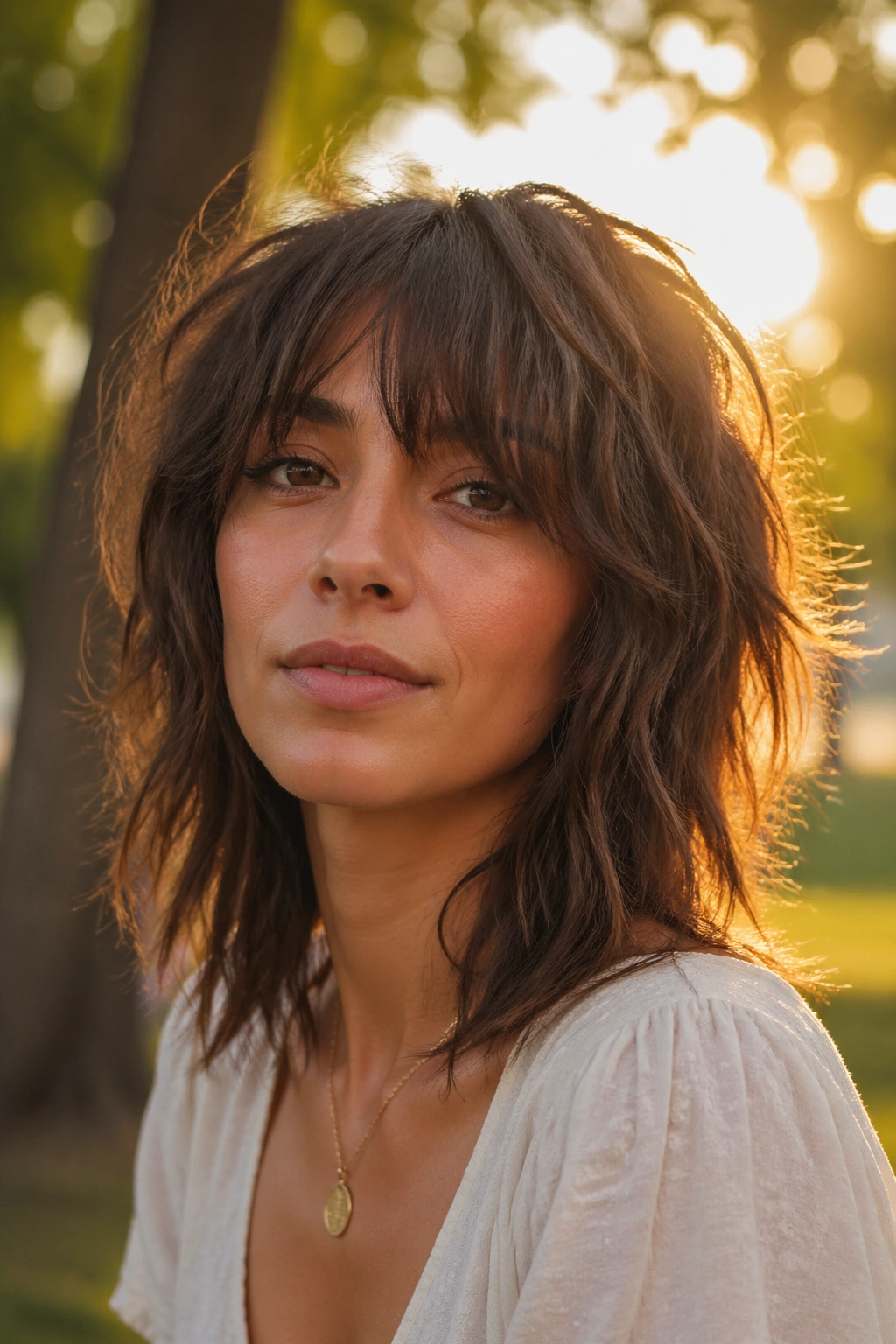 Close-up of a real woman's shaggy midi hair with choppy curtain bangs