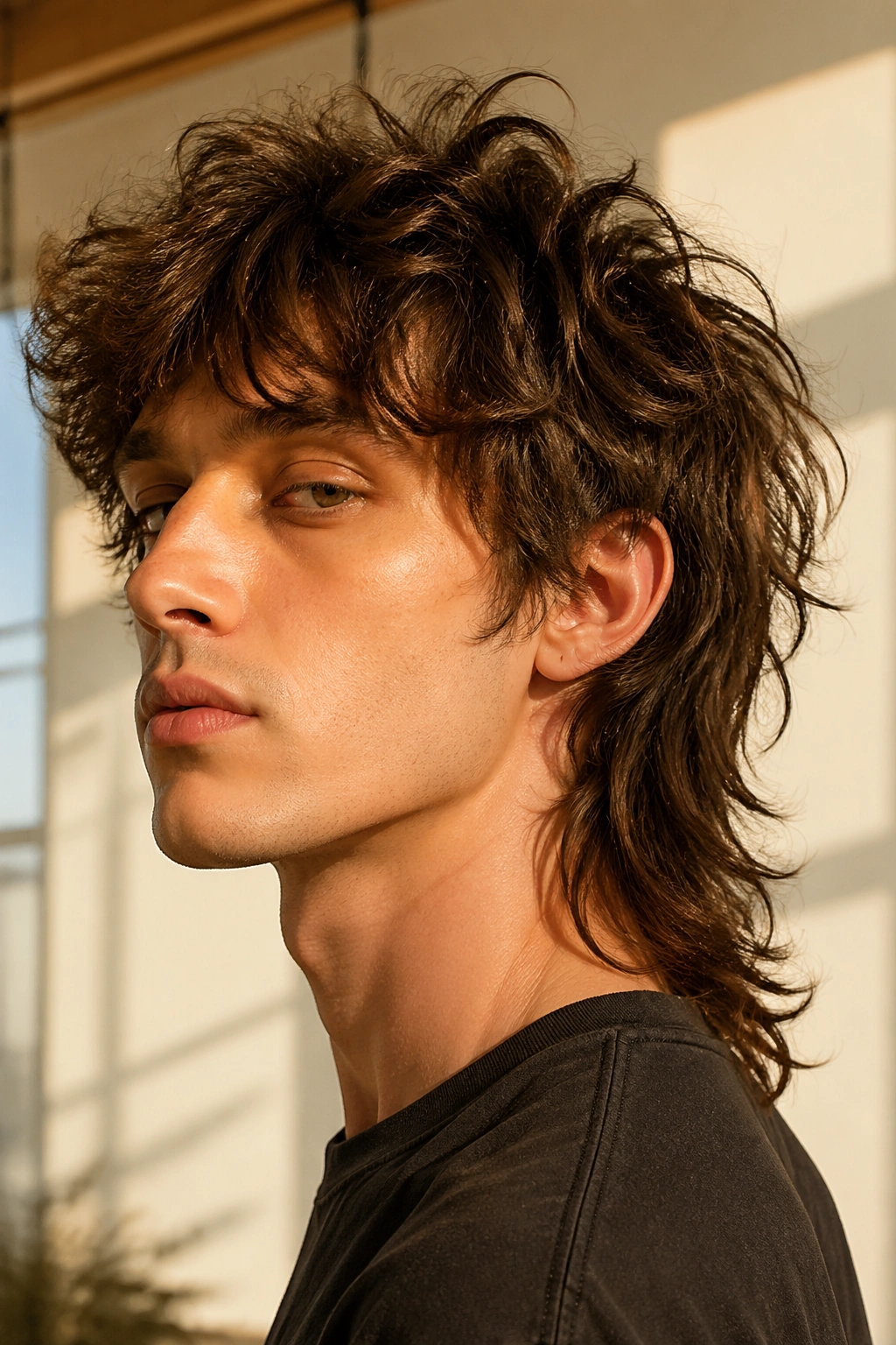 Close-up of a real person with shaggy crown layers and longer back hair