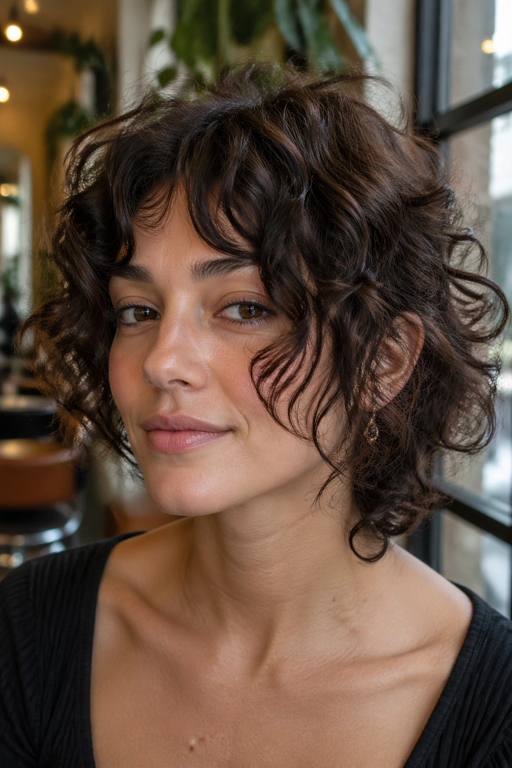 Close-up of a real woman with a shaggy shape and face-framing curly pieces under soft window light
