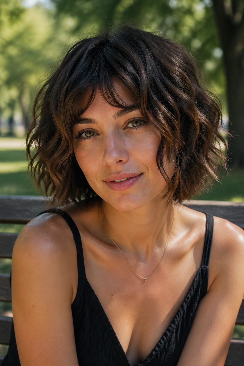 Close-up of real woman with shaggy wavy bob and choppy layers