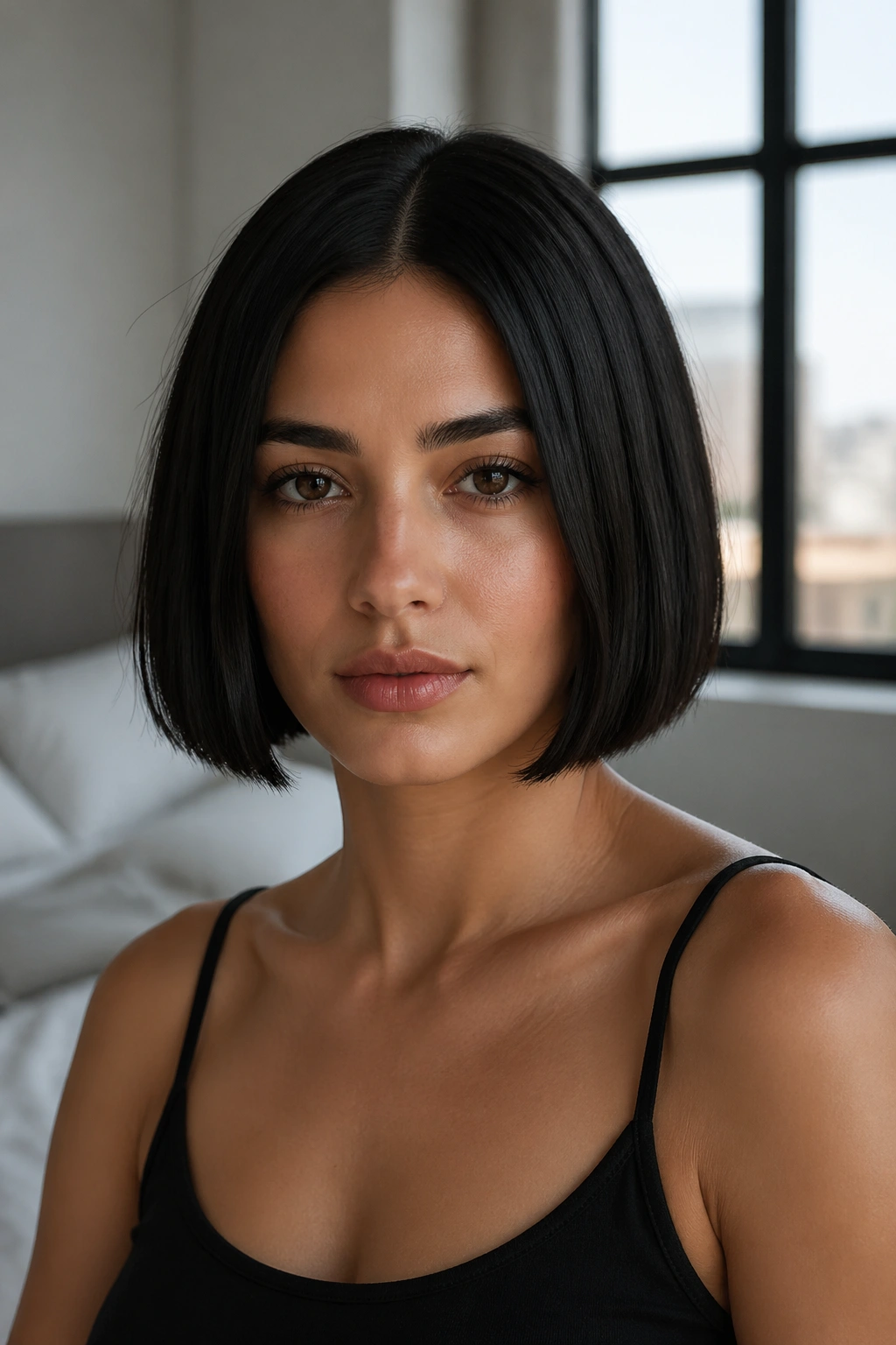 Close-up portrait of a real woman with a blunt jaw-length bob and straight center part in soft natural window light.