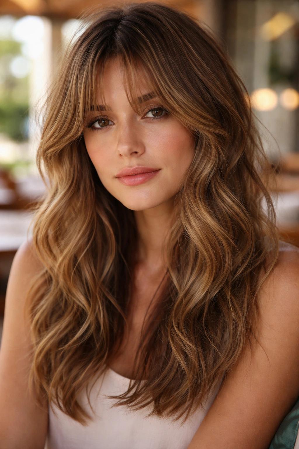 Close-up of a real person with shattered curtain bangs in a cafe setting.