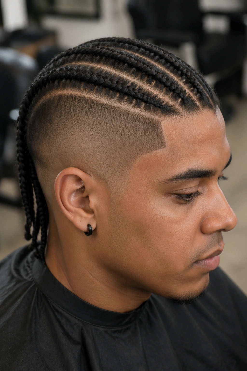 Real person with a dramatic shaved side option and cornrows.