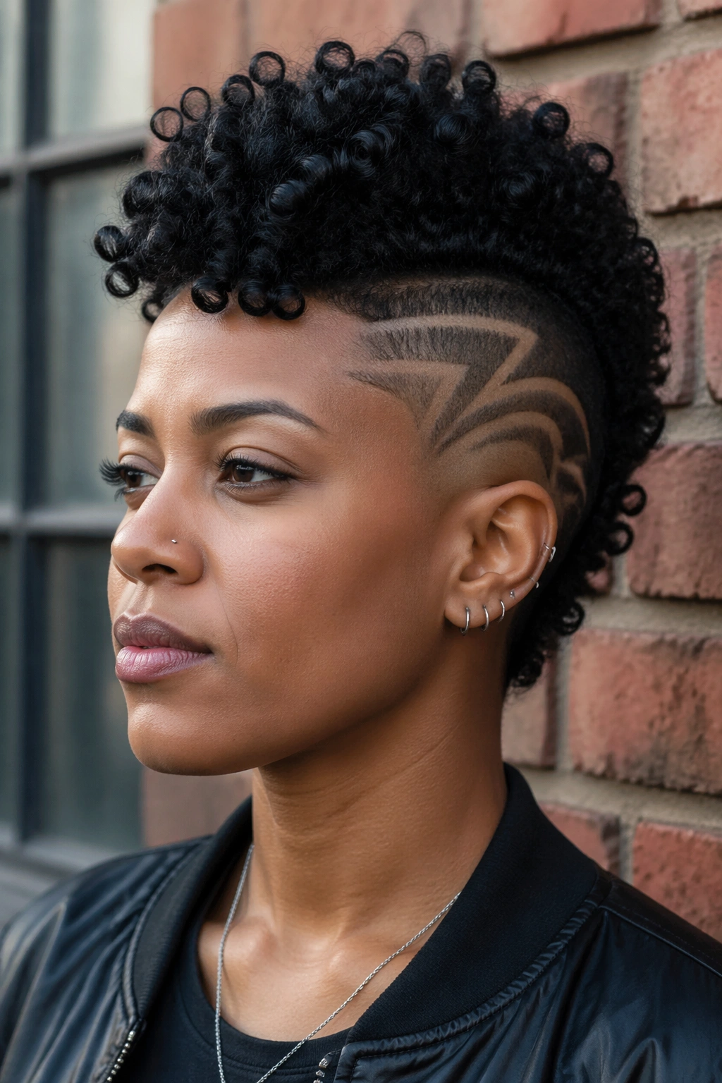 Close-up portrait of a real person with shaved-design mohawk showing a bold temple line