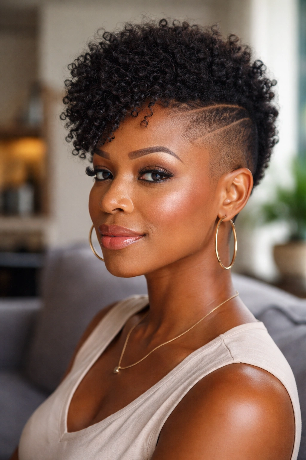 Portrait of a woman with a shaved side and natural top Afro