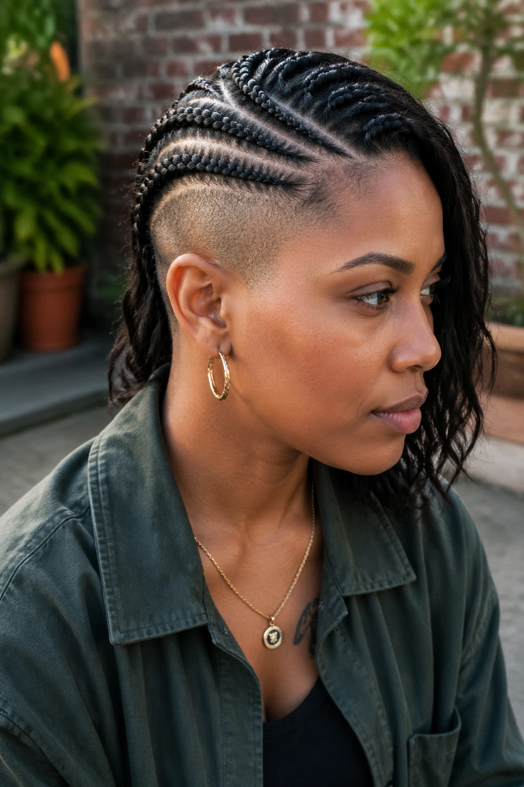 Portrait of a real woman with half cornrows and a shaved side
