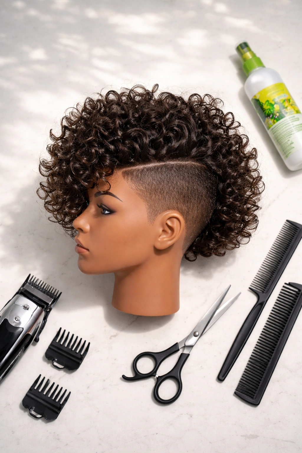 Overhead view of shaved-side curly bob on mannequin.