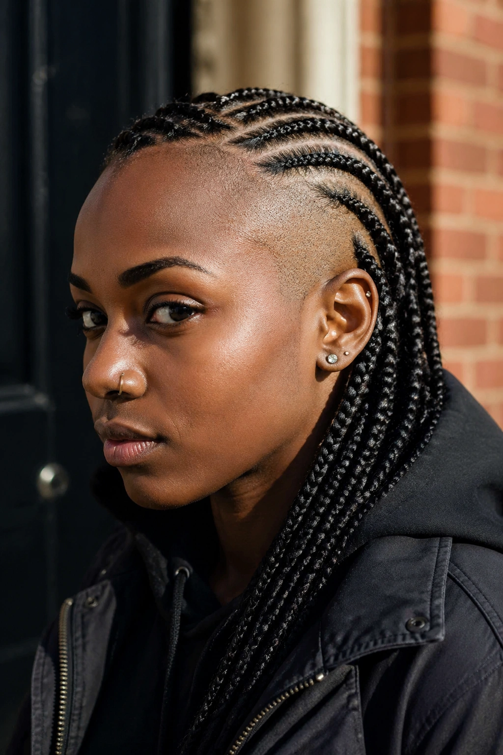 Close-up portrait of a real person with a shaved side and cornrows, bold contrast.