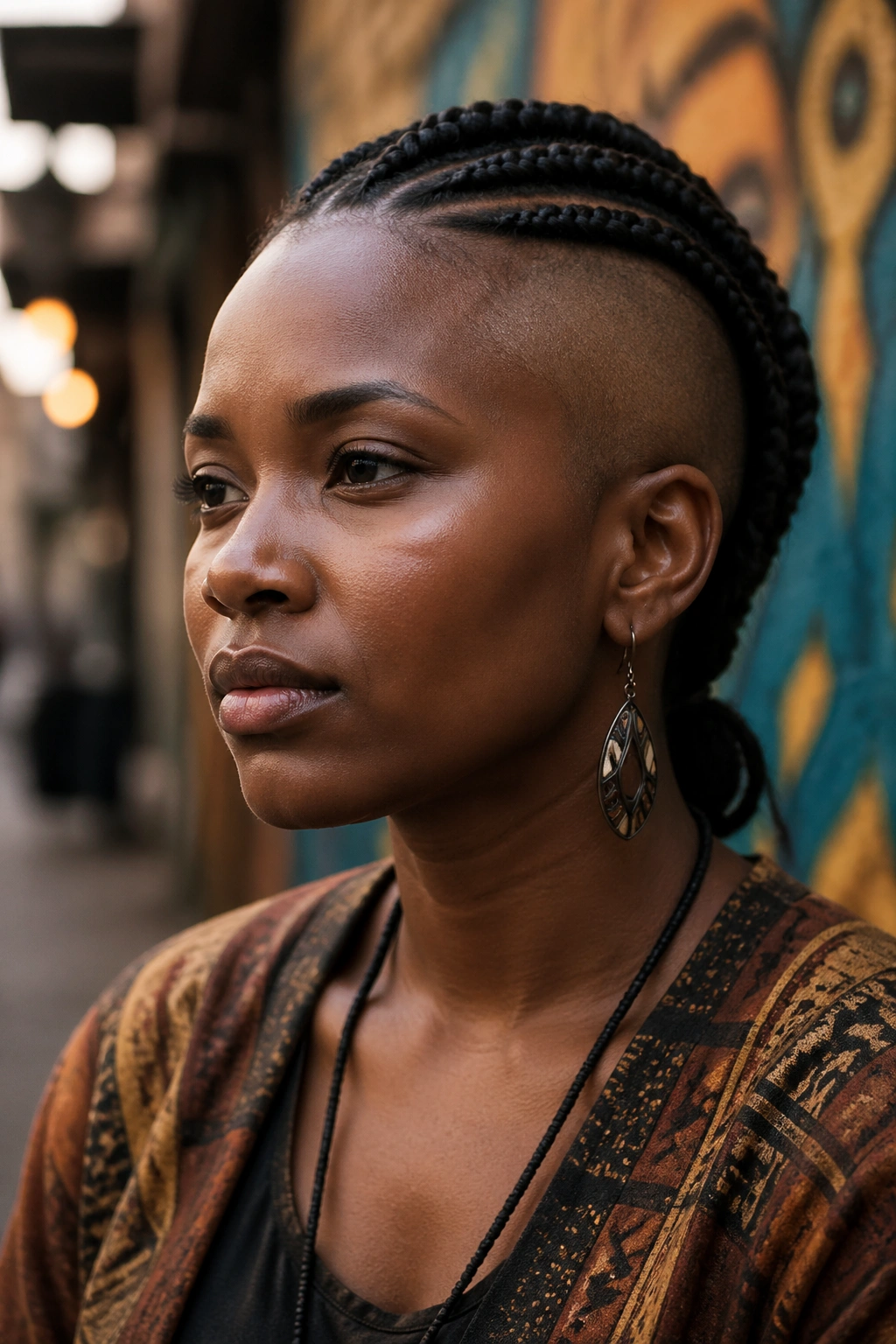 Portrait of a Black woman with shaved sides, conveying cultural depth.