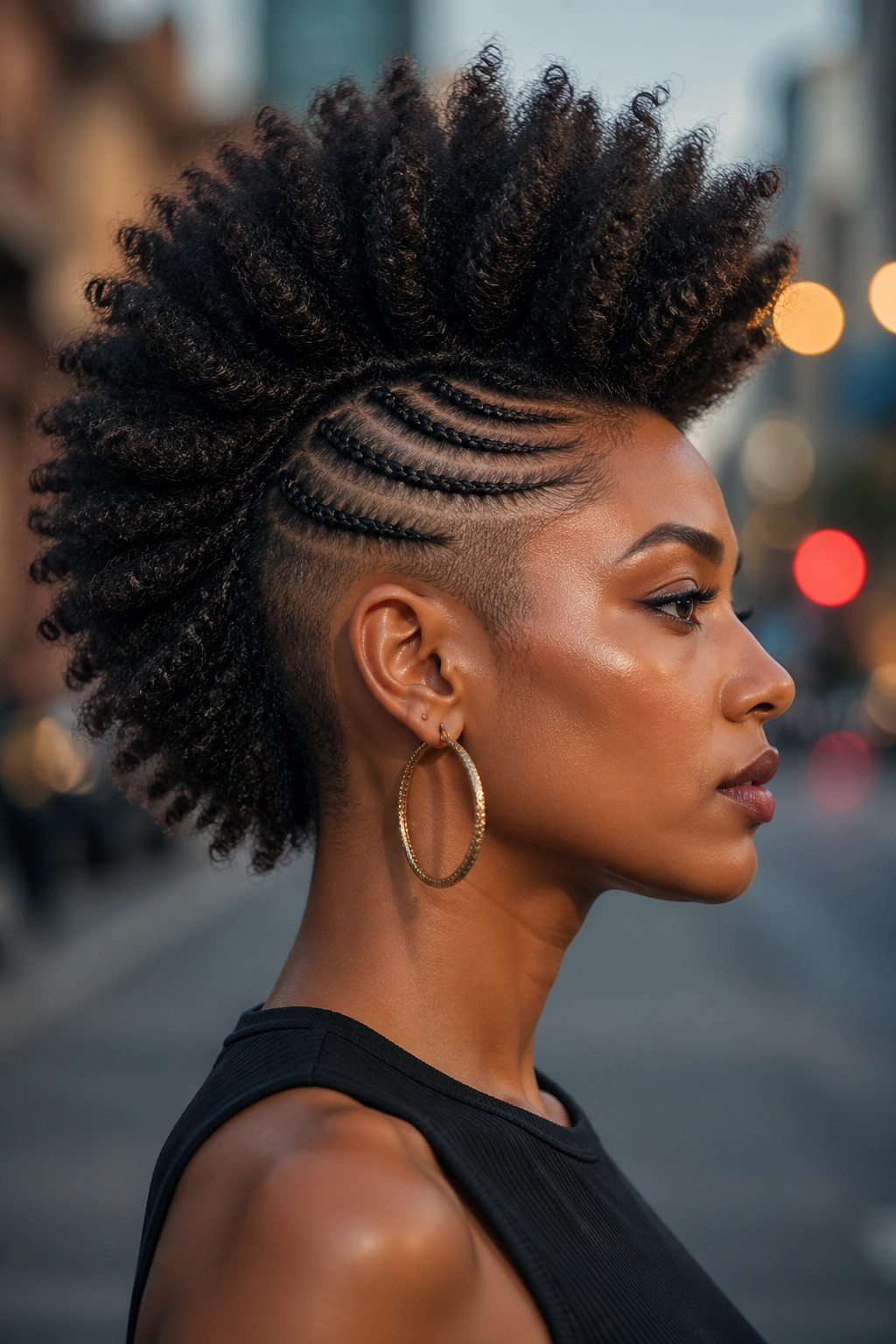 Close-up side profile of a real person with shaved sides Mohawk silhouette.