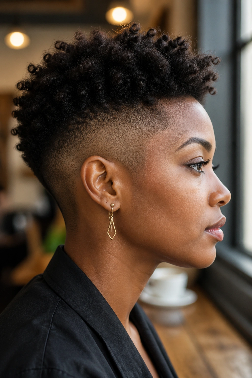 Profile portrait with shaved sides and natural top afro