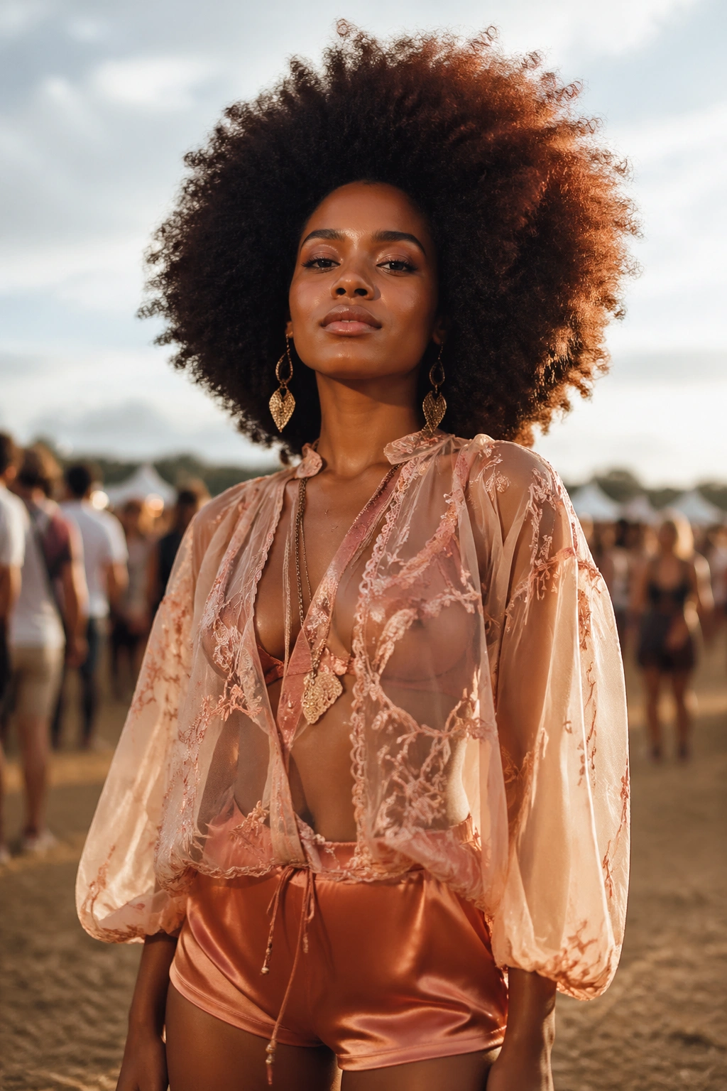 Portrait of a person in a sheer embroidered blouse with satin shorts and a large Afro