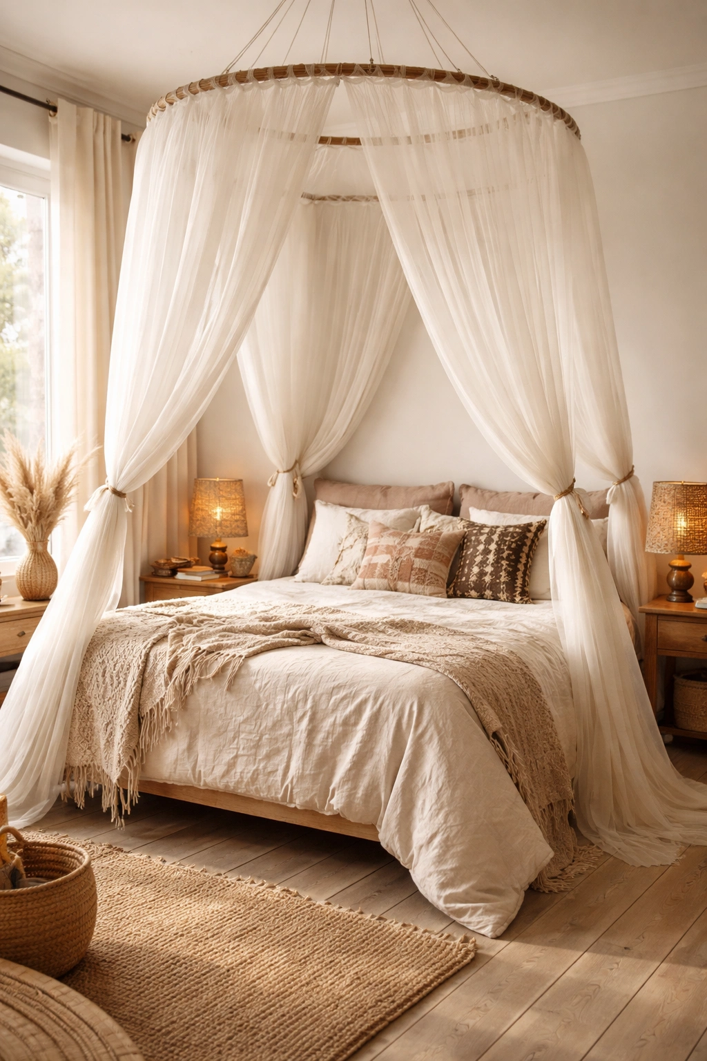 Bed with sheer gauze canopy creating a soft cocoon in a calm bedroom