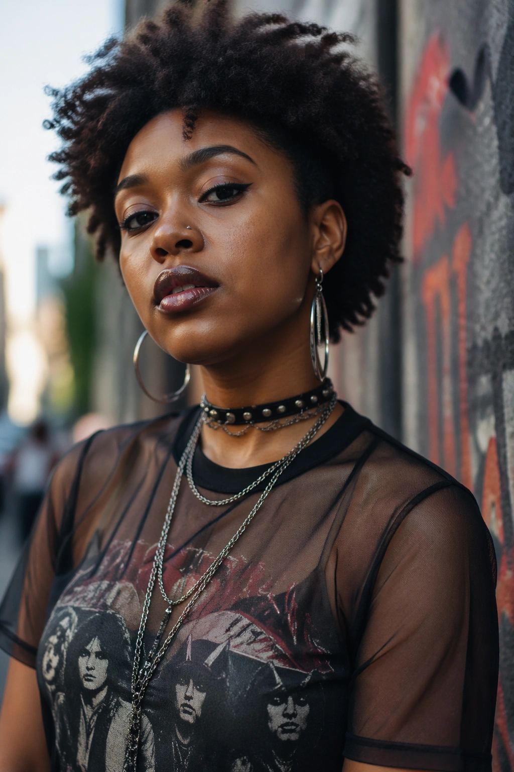 Close-up of a real woman wearing sheer layered top over graphic tee on a city street