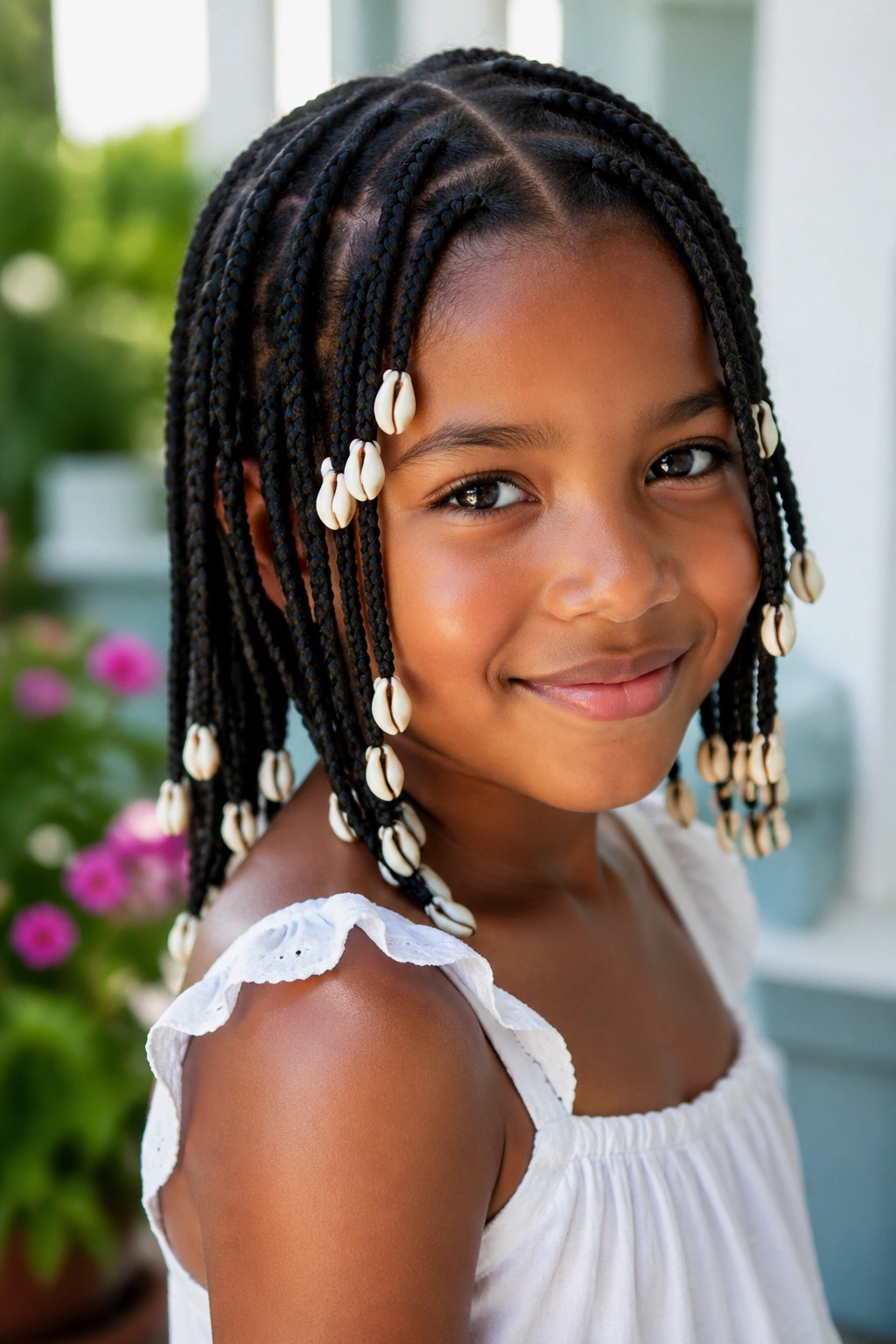 Close-up of a real child with shell-bead box braids in sunny outdoor setting