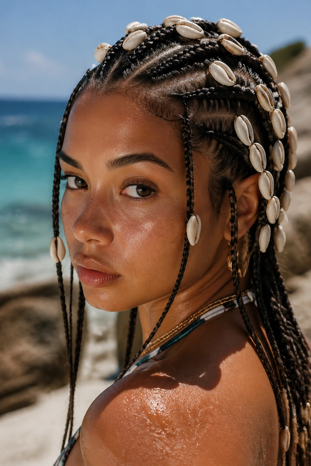 Close-up of a real person with shell bead feed-in cornrows on the beach