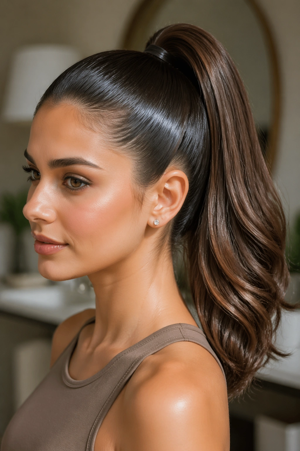 Close-up of real woman's head with glossy high ponytail under soft light