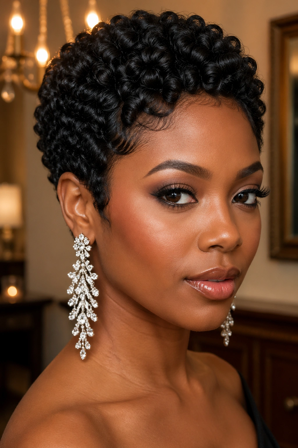 Close-up of a woman with shingle curls and statement earrings