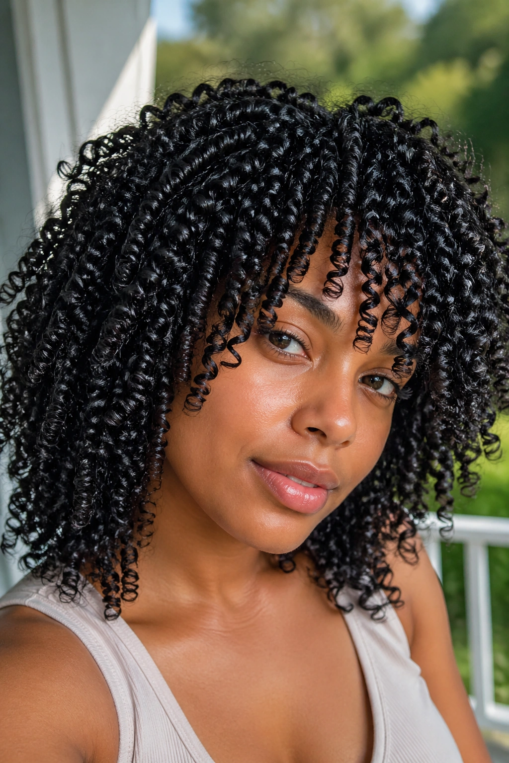 Close-up of a real woman with shingled curls