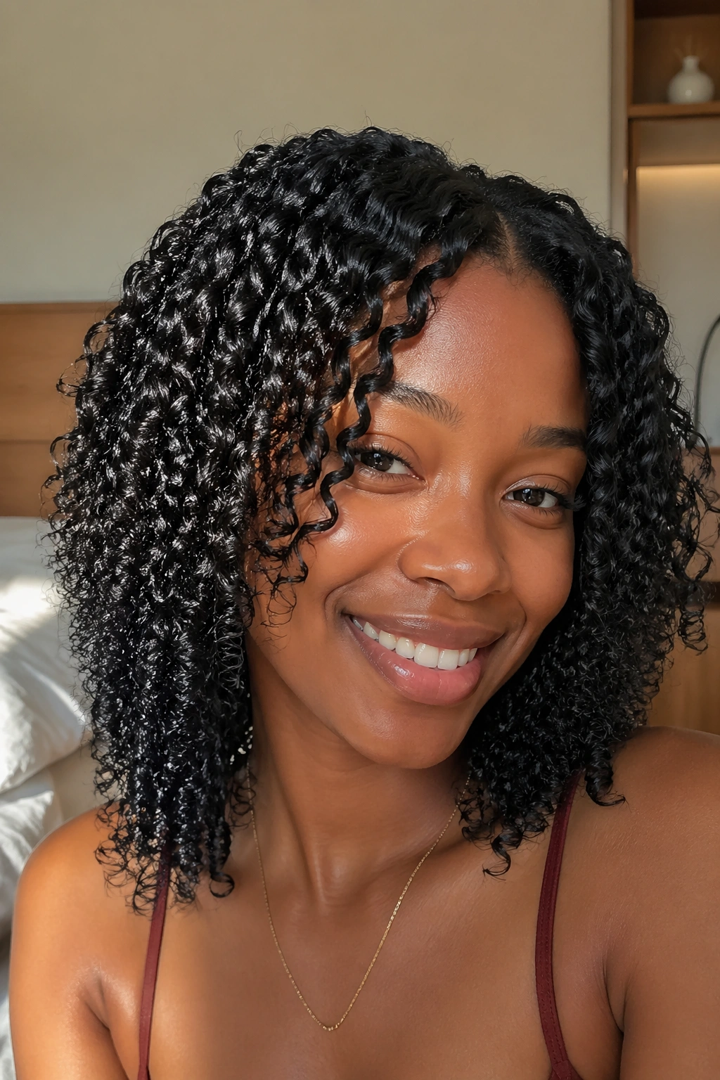 Close-up of a real woman with defined shingled S curls in a wash-and-go