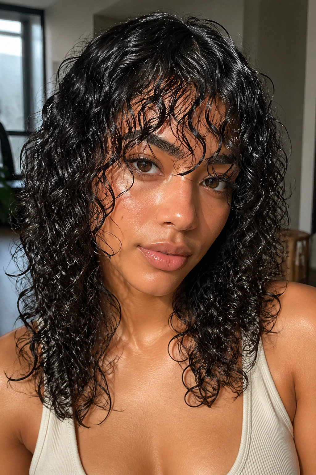 Real person with wet shingled curls, close-up