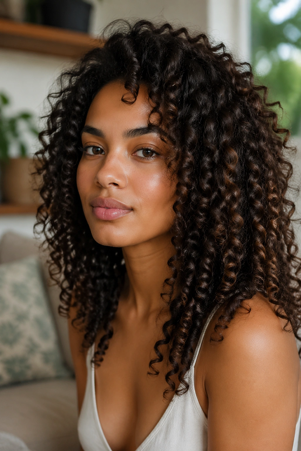 Real woman with organic, loose natural ringlets formed during drying.