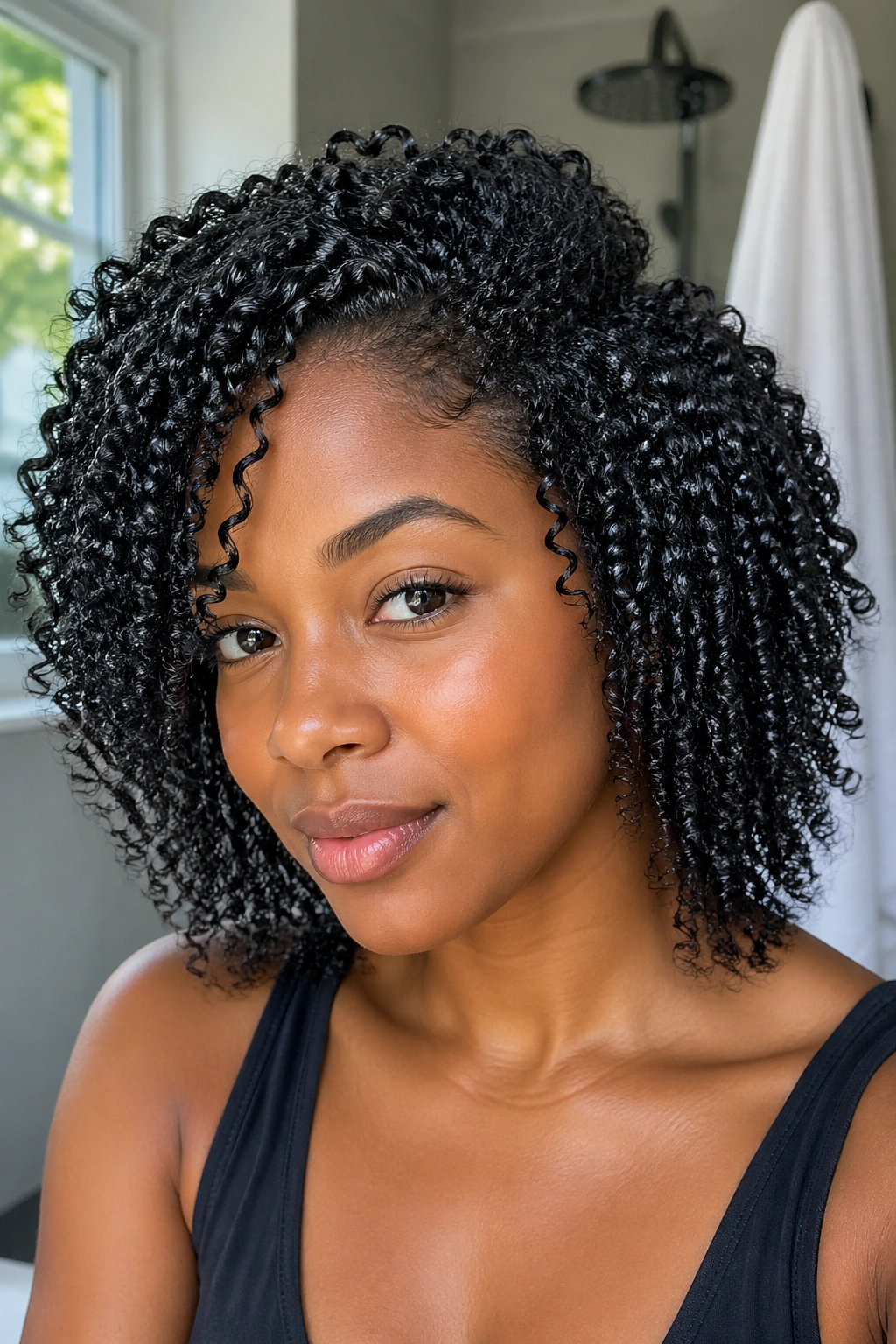 Close-up of a shingled wash-and-go hairstyle on a real woman