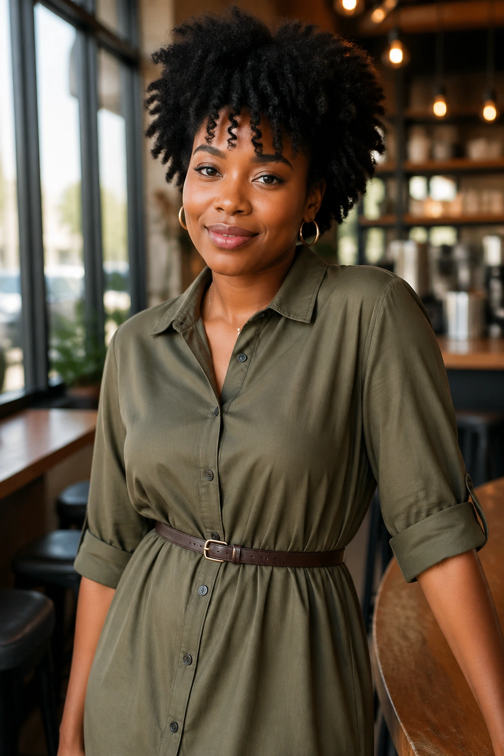 Close-up of a woman in a midi shirt dress with slim belt at natural waist
