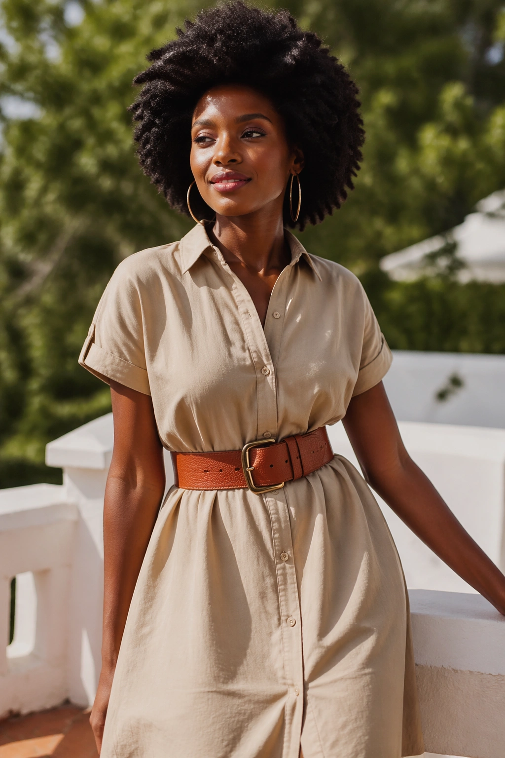 Model in solid-color shirtdress cinched with wide belt on outdoor terrace