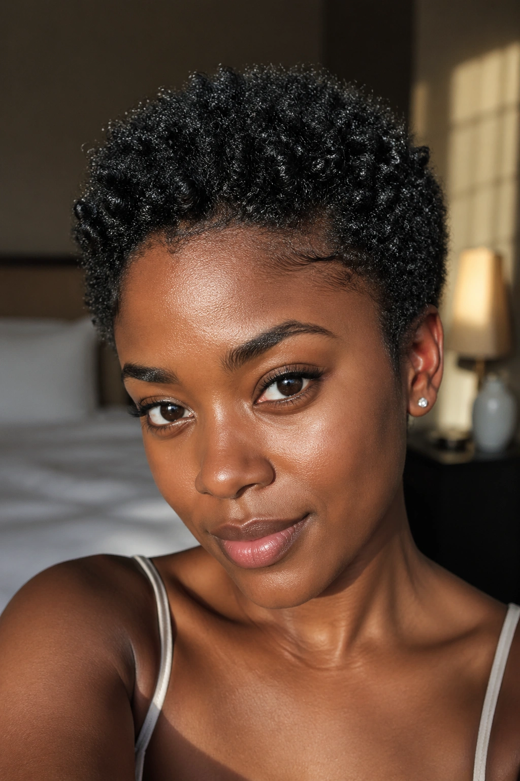 Close-up of a real Black woman with very short 4C hair showing tight curls and moisture.