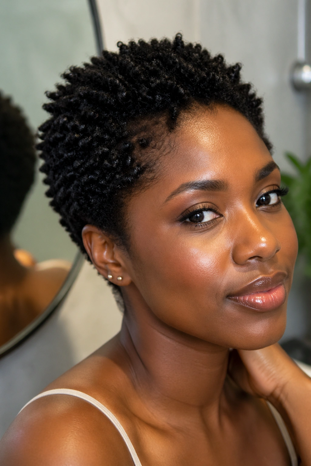 Close-up of short 4C hair with defined curls and shine.