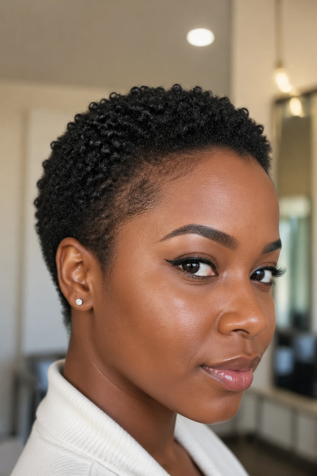 Close-up of short 4C hair neatly styled on a real person.