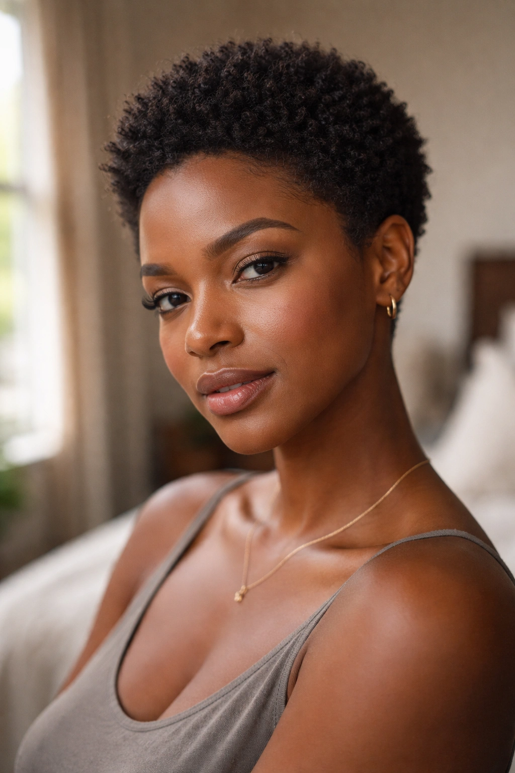 Close-up of a woman with a short Afro in a softly lit bedroom