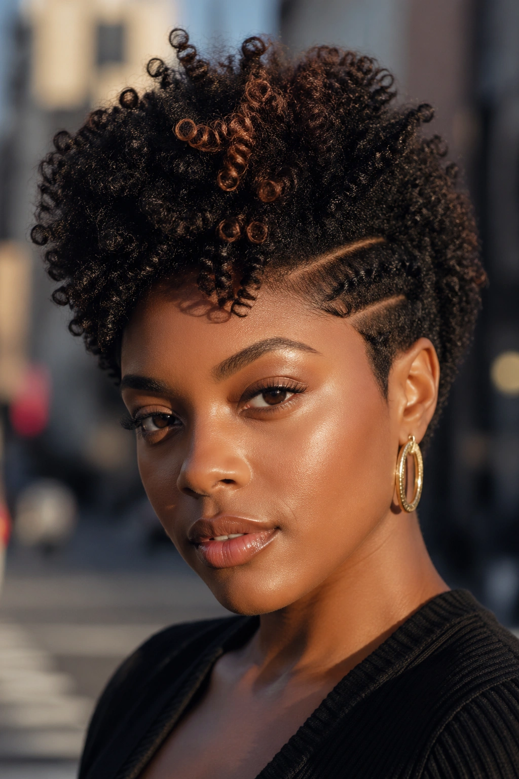 Close-up of a real person with short Afro featuring architectural layers