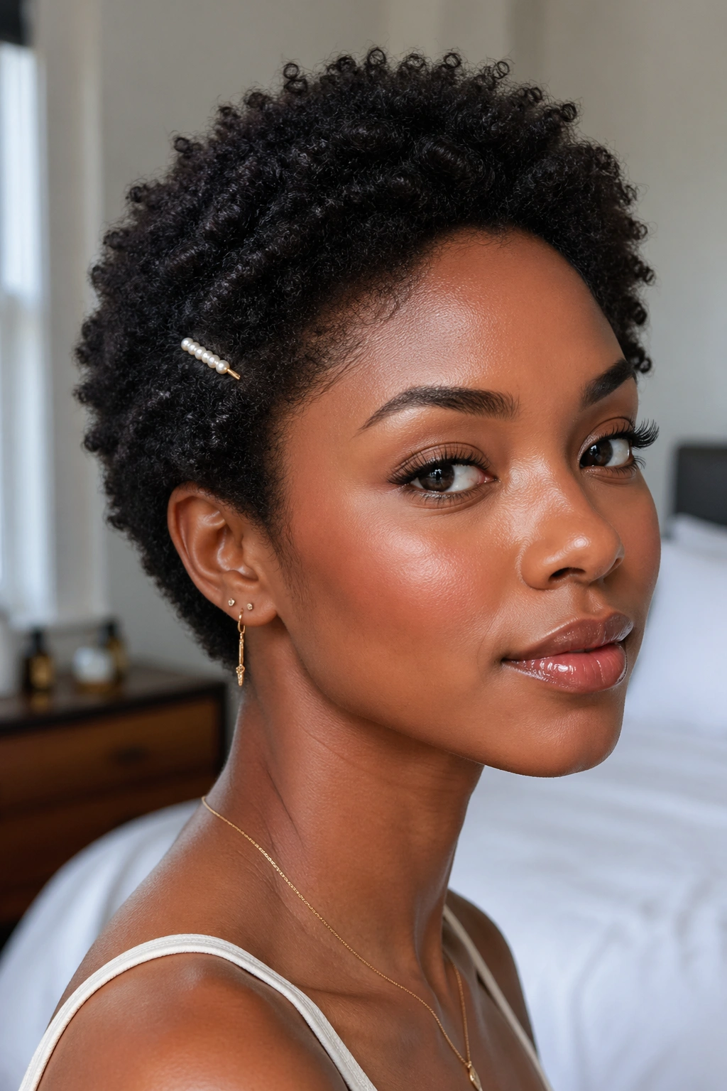 Close-up of a real woman with a short Afro and small barrettes