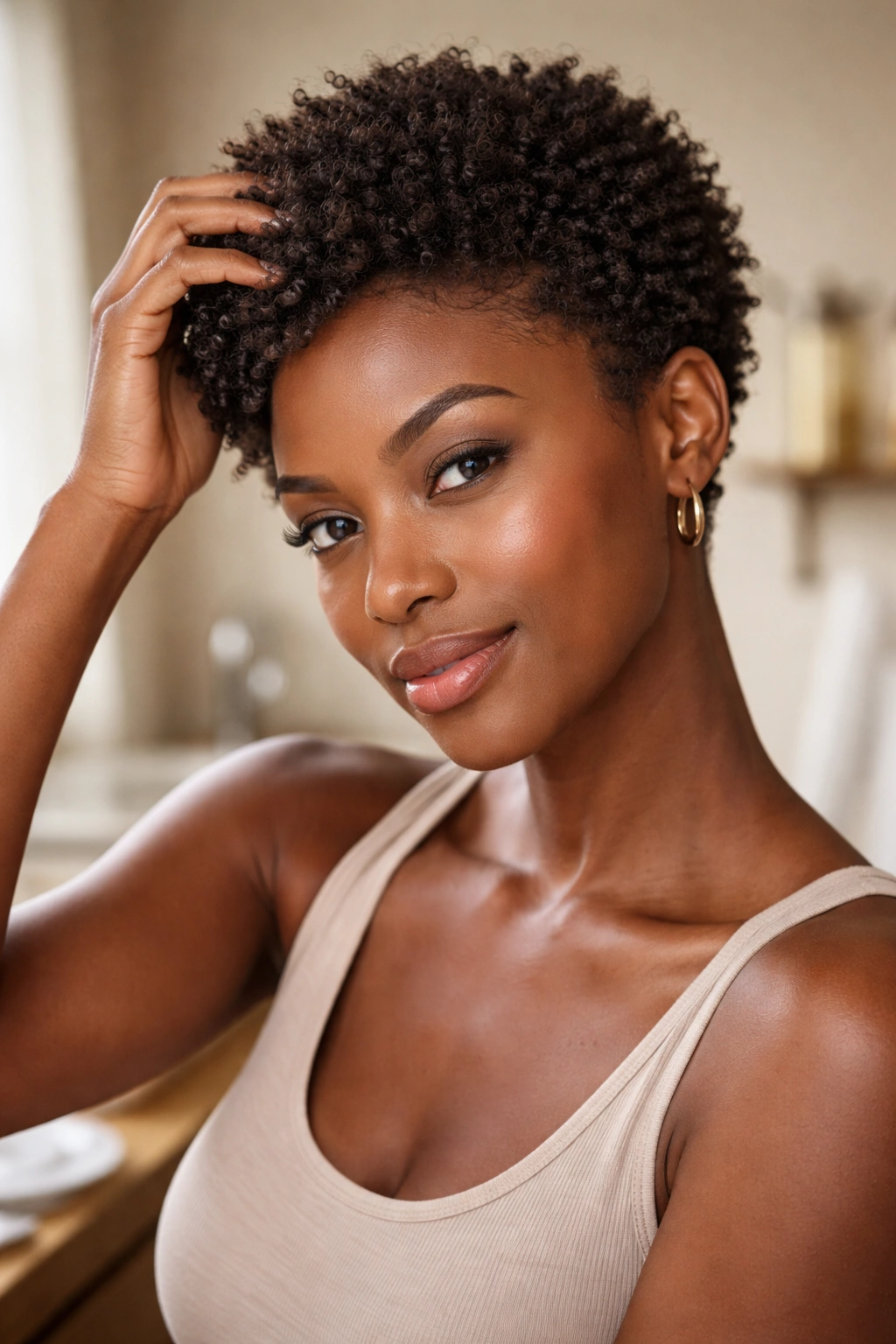 Close-up of a woman with a short afro performing routine maintenance in a softly lit bathroom