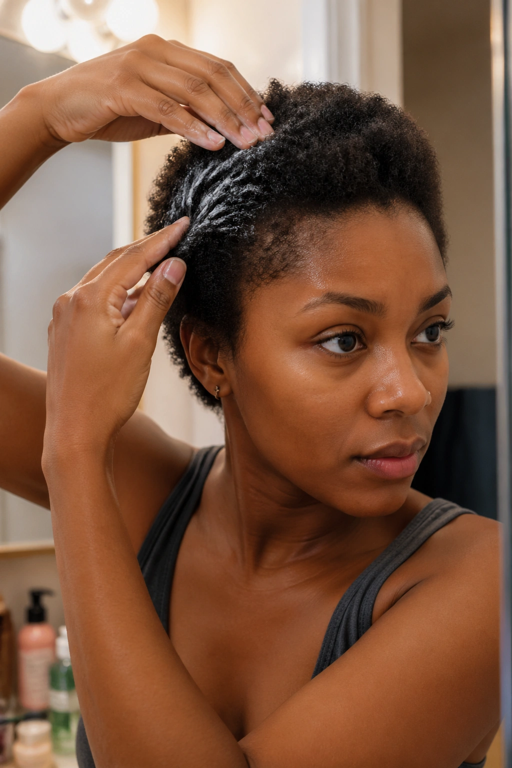 Close-up of a real woman's short afro being moisturized for braids in a warm bathroom