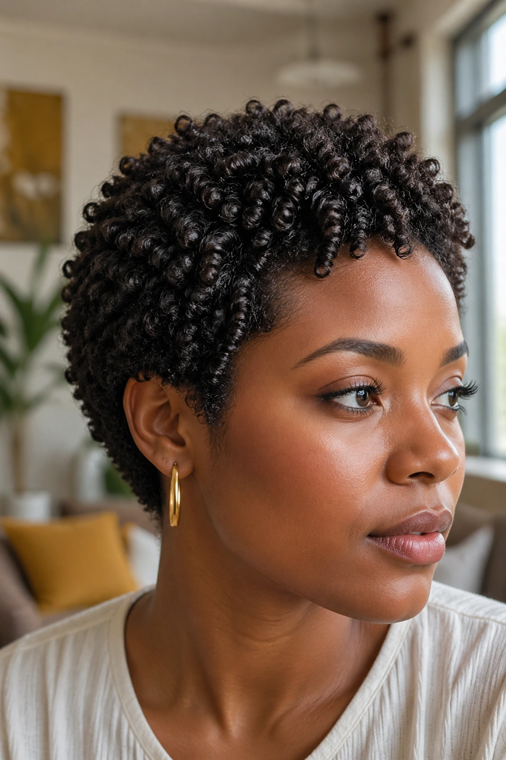 Portrait of a person with moisturized short afro showing defined curls in bright indoor light