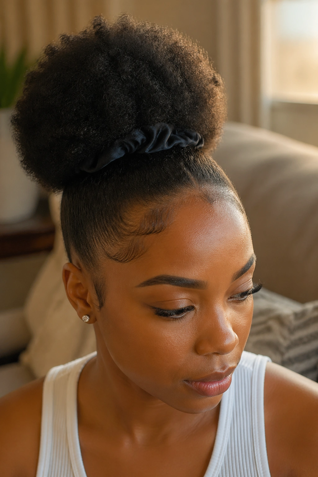 Close-up of a real woman with a short afro puff at the crown