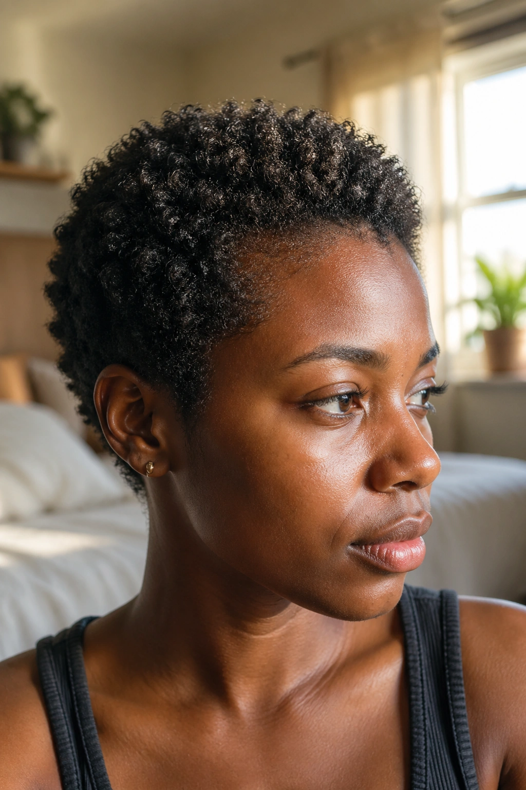 Close-up portrait of a person with very short afro showing tight curls in warm bedroom light