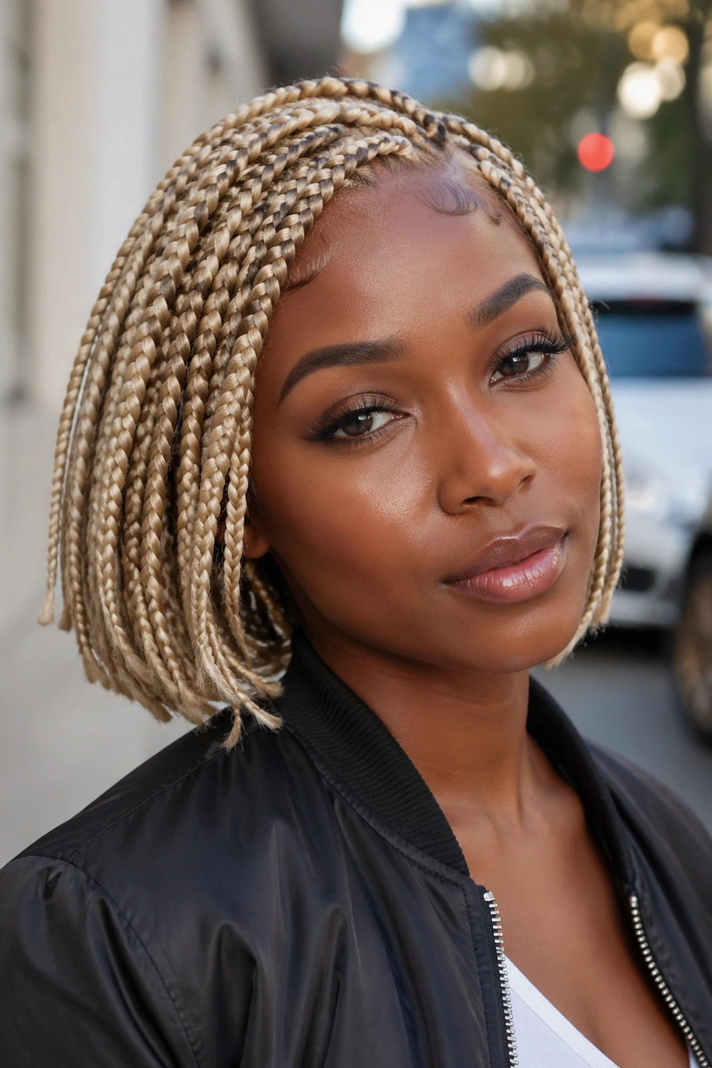 Close-up of a Black woman with short blonde goddess bob
