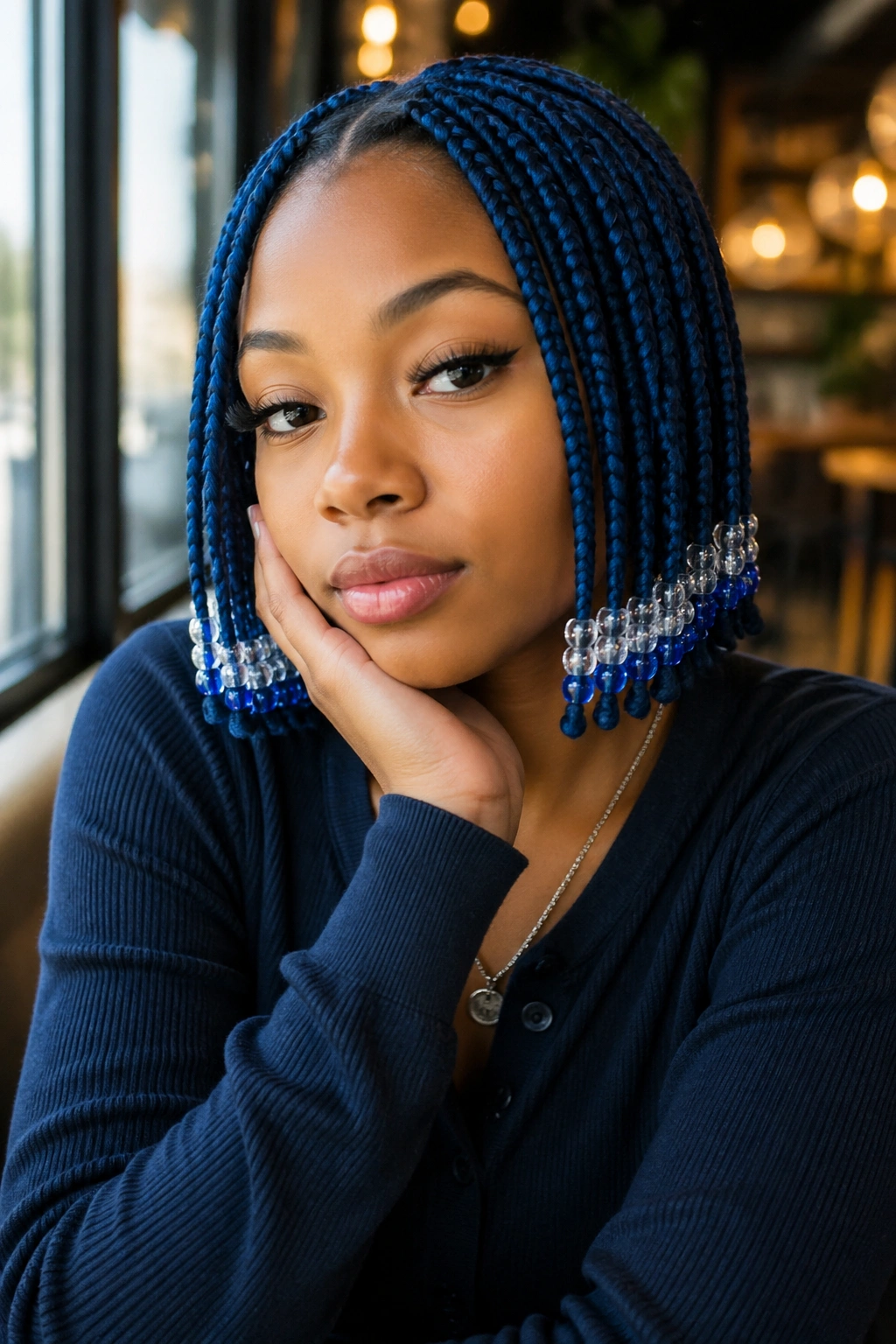 Portrait of a real person with chin-length blue knotless box braids and beaded ends