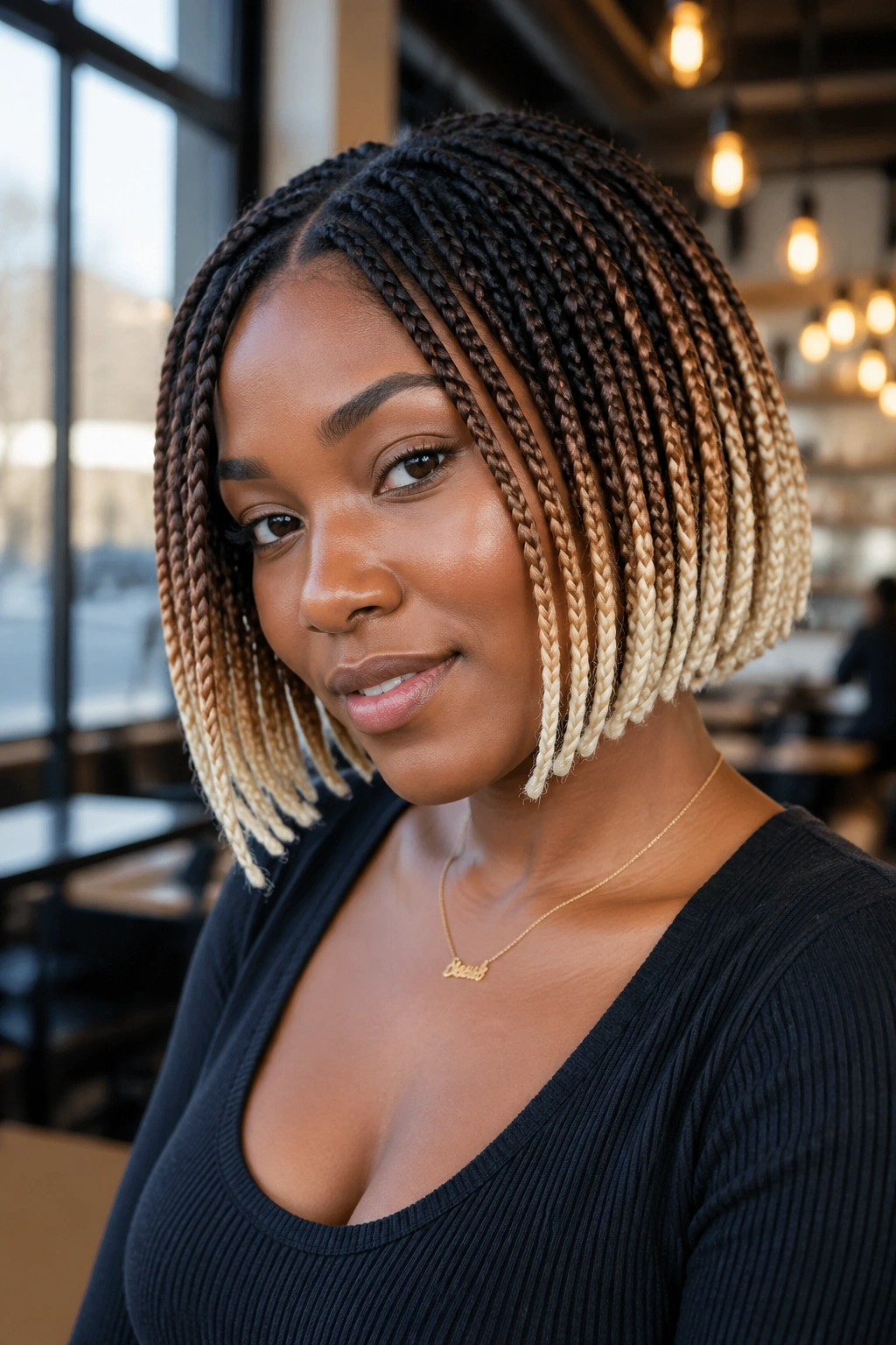 Close-up of a real person with three-color short bob box braids