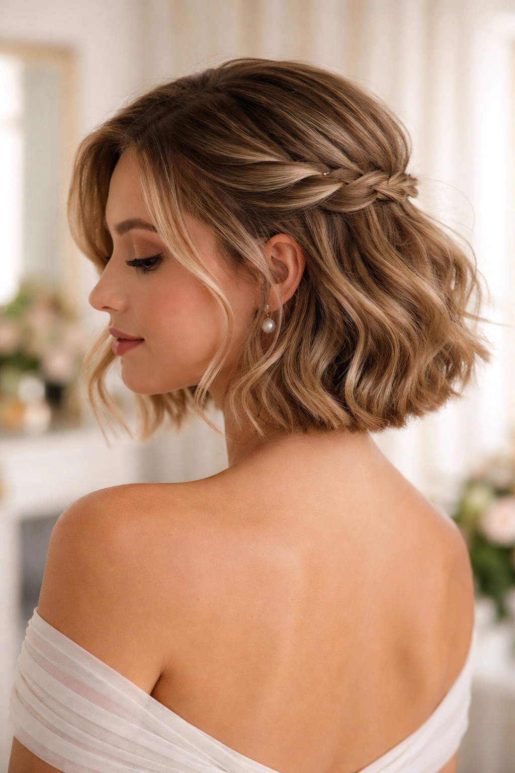Close-up portrait of a real woman with a short wavy bob half-up