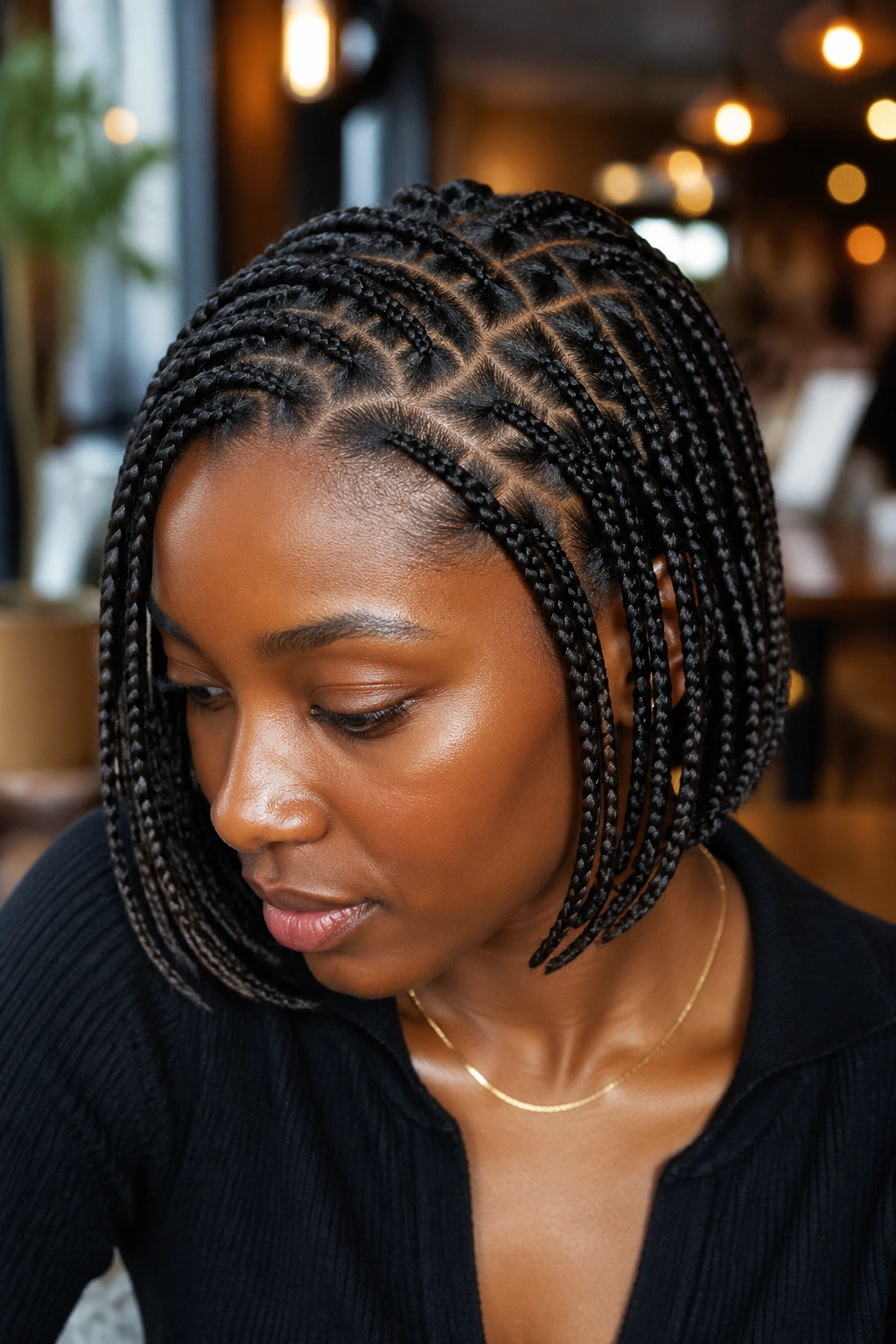 Close-up of a real person with curved parting lines on short box braids