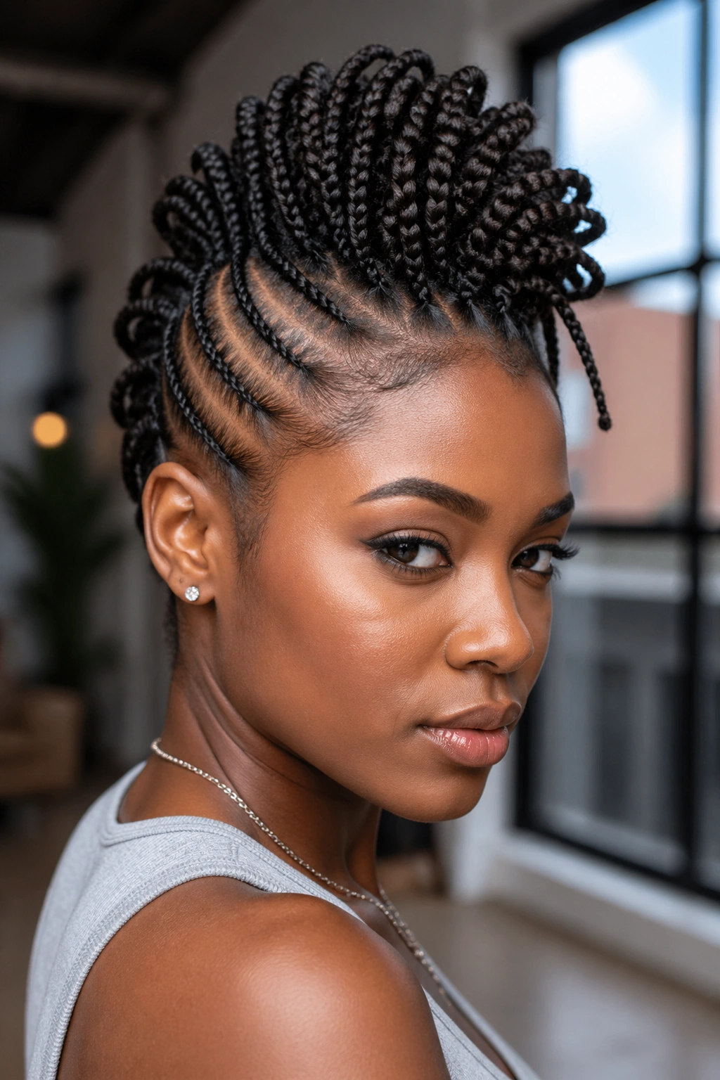 Close-up of a real person with a faux hawk formed by short box braids
