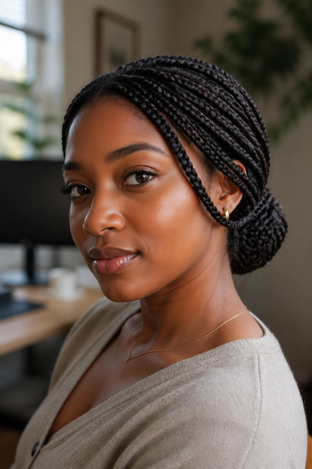 Close-up portrait of a real person with short box braids pulled into a low bun