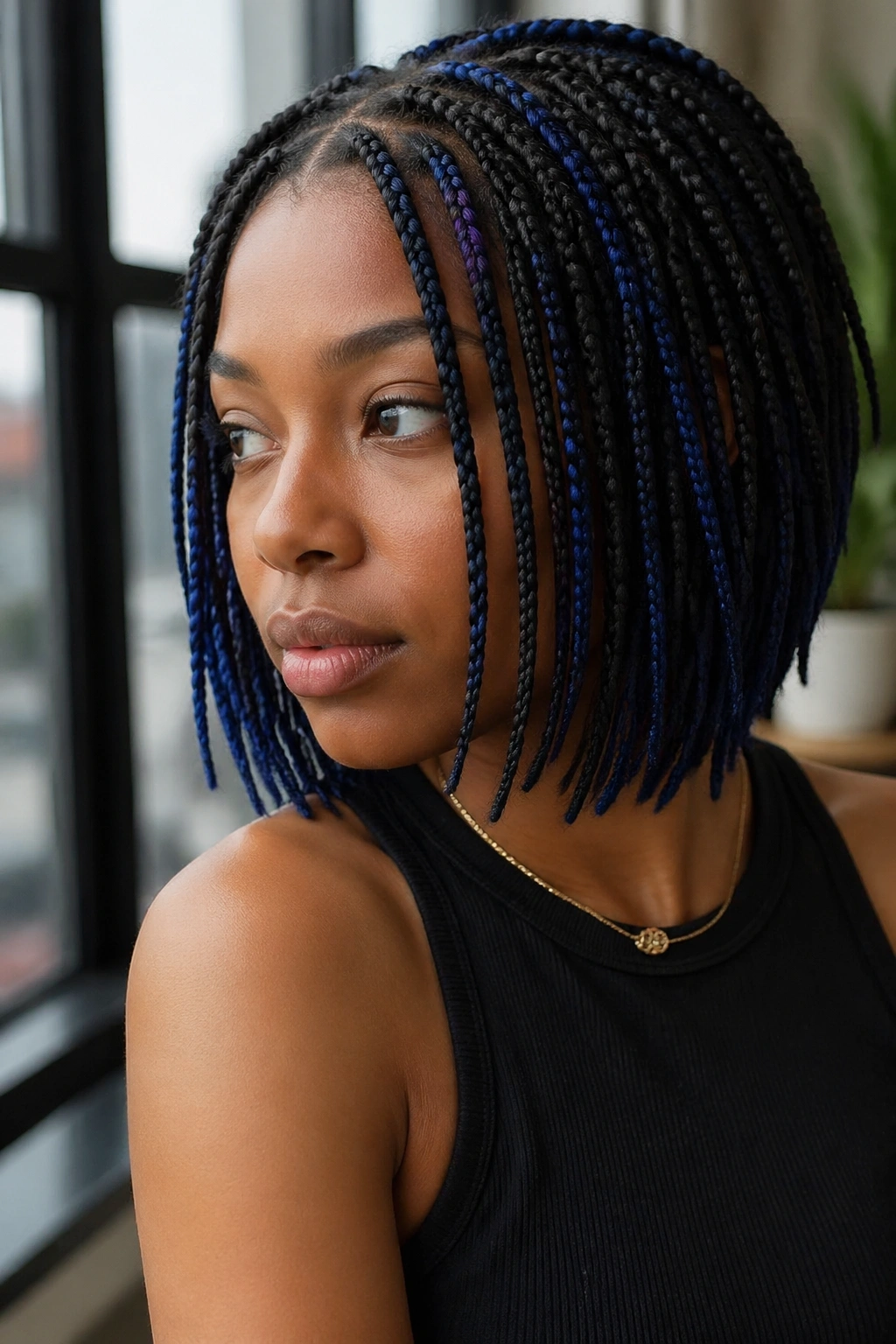 Close-up of a real person with peekaboo color under the top layer of short box braids