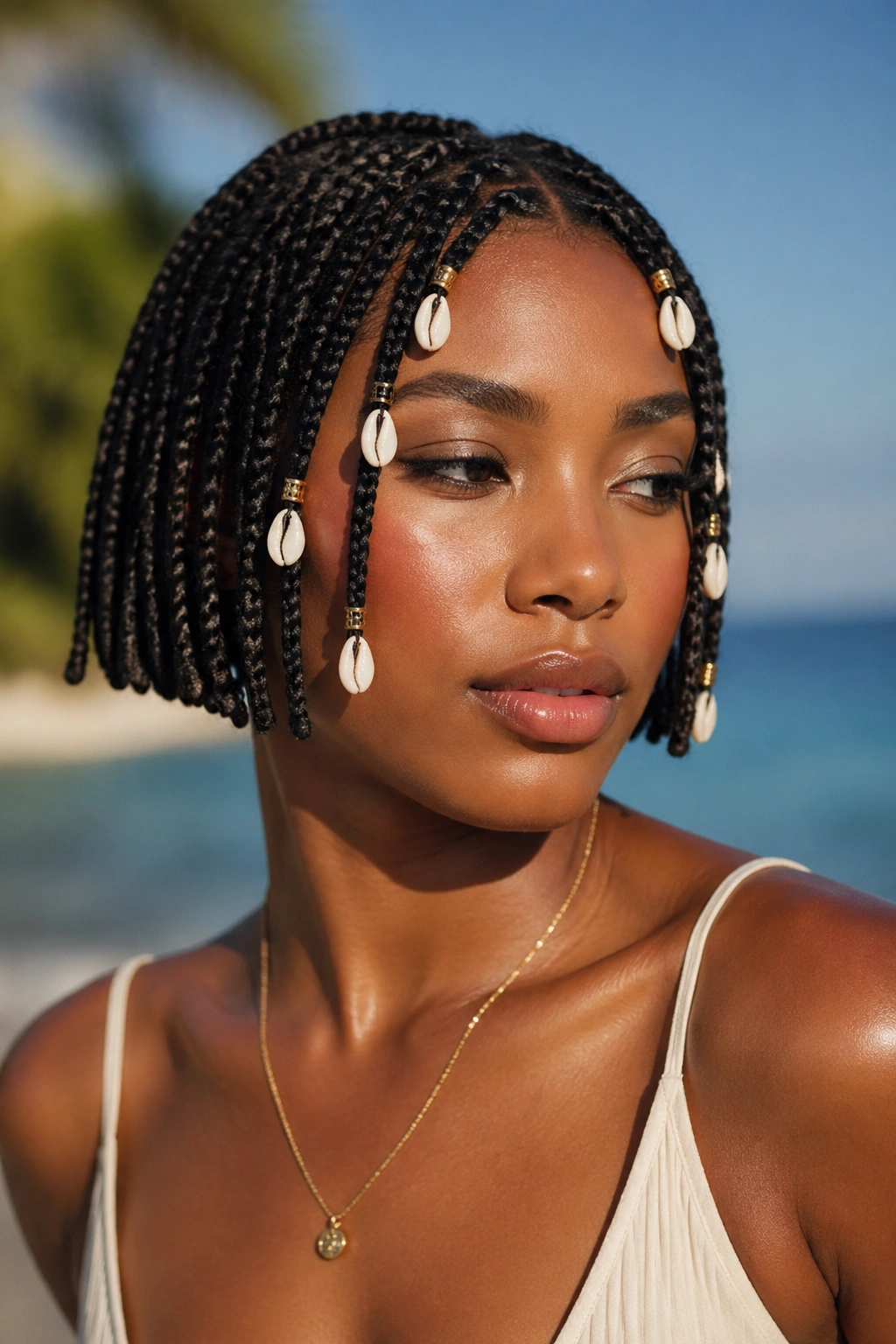 Close-up portrait of a real person with shell charms on the front rows of short box braids