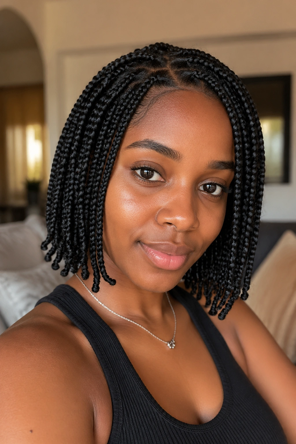Close-up of a real person with short box braids ending in twisted ends